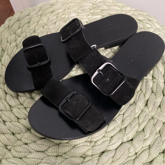 Everlane The Modern Buckle Black Suede Double Strap Flat Slip On Sandal - Picture 6 of 8